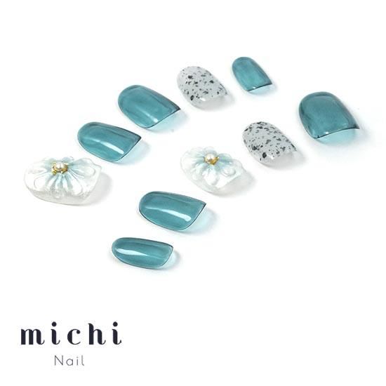 ネイルチップ #02 ブルーグレー マーブル ぷっくりフラワーネイル ブルーのぷっくりフラワーネイル- ネイルチップ専門店ミチネイル
