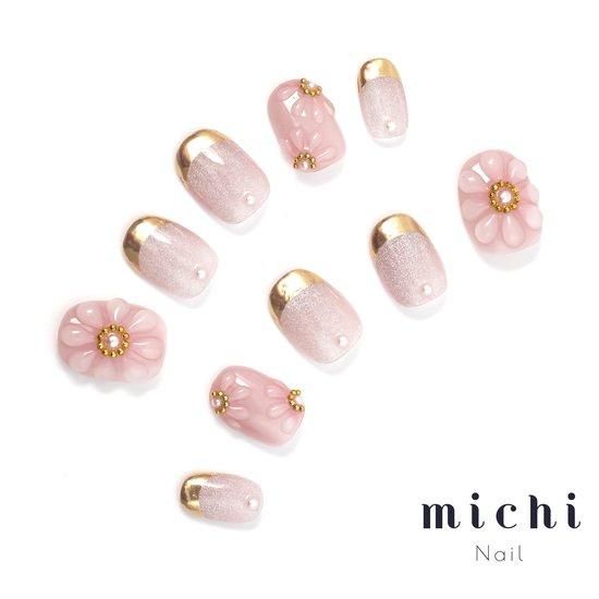 ぷっくりチークフラワー×マグネットミラーフレンチネイル- ネイル
