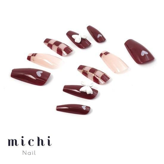 チェック＆リボンのレトロガーリーネイル- ネイルチップ専門店ミチネイル