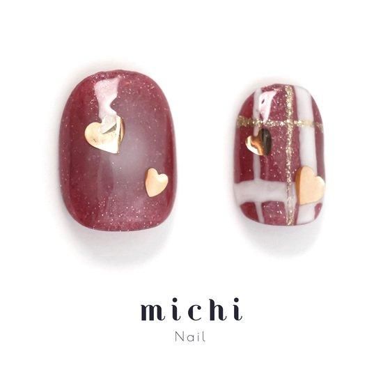 ボルドーラメのハートチェックネイル- ネイルチップ専門店ミチネイル