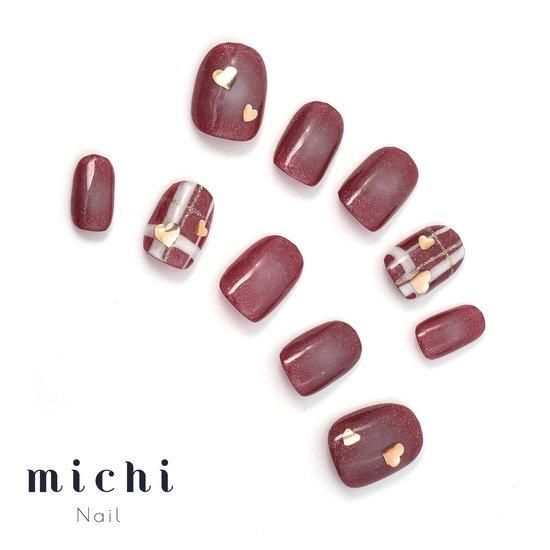 ボルドーラメのハートチェックネイル- ネイルチップ専門店ミチネイル
