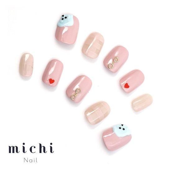 ピンクチェック×シーリングスタンプくまネイル- ネイルチップ専門店
