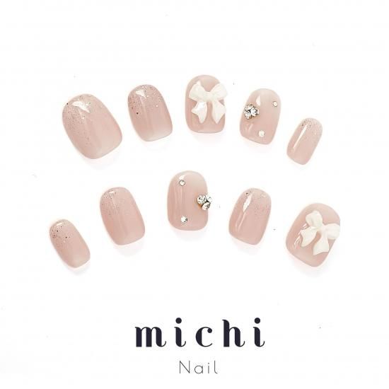 【オーダー】ネイルチップ　ぷっくりリボン　ワンホン韓国　キラキラベイビーブーマー ネイルチップ ベイビーブーマー ワンホン ピンク 乳白色 韓国