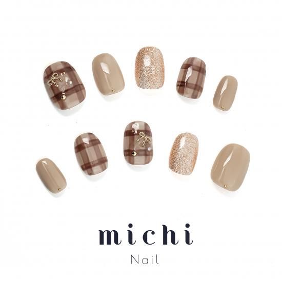 ナチュラルブラウンのミニリボンチェックネイル- ネイルチップ専門店