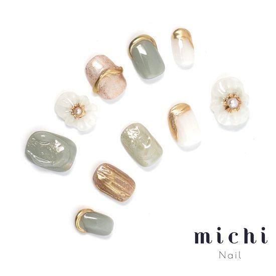 くすみブルー＆ゴールドのぷっくりフラワーネイル- ネイルチップ専門店