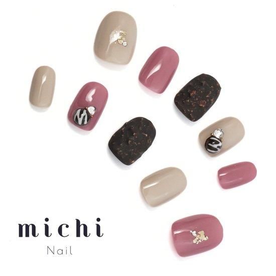 ピンク×ベージュのクランチチョコネイル- ネイルチップ専門店ミチネイル
