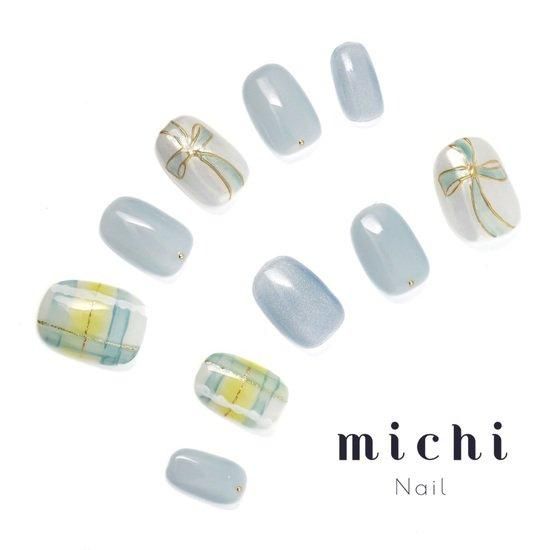 スプリングチェックリボンブルーネイル- ネイルチップ専門店ミチネイル