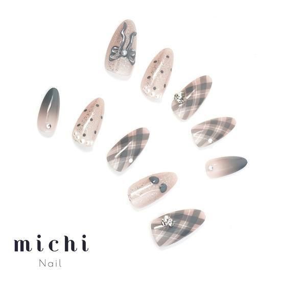 チェック×リボン ネイルチップ チェック×リボンネイル- ネイルチップ専門店ミチネイル