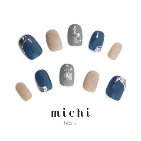 くすみブルー×マットな砂ジェルネイル- ネイルチップ専門店ミチネイル