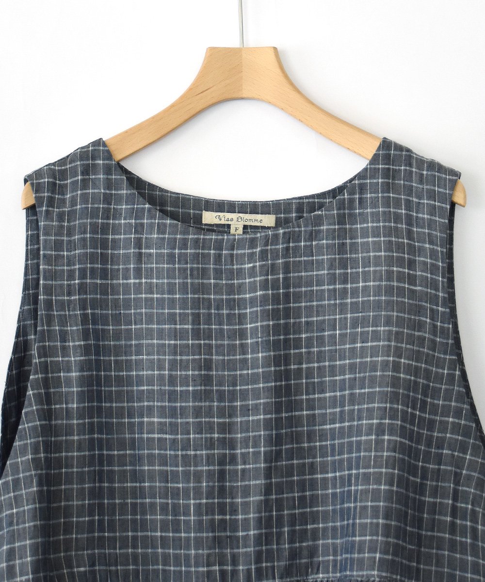 Chambray Linen Check サイドオープンワンピース（グレーブルー） <img class='new_mark_img2' src='https://img.shop-pro.jp/img/new/icons1.gif' style='border:none;display:inline;margin:0px;padding:0px;width:auto;' />