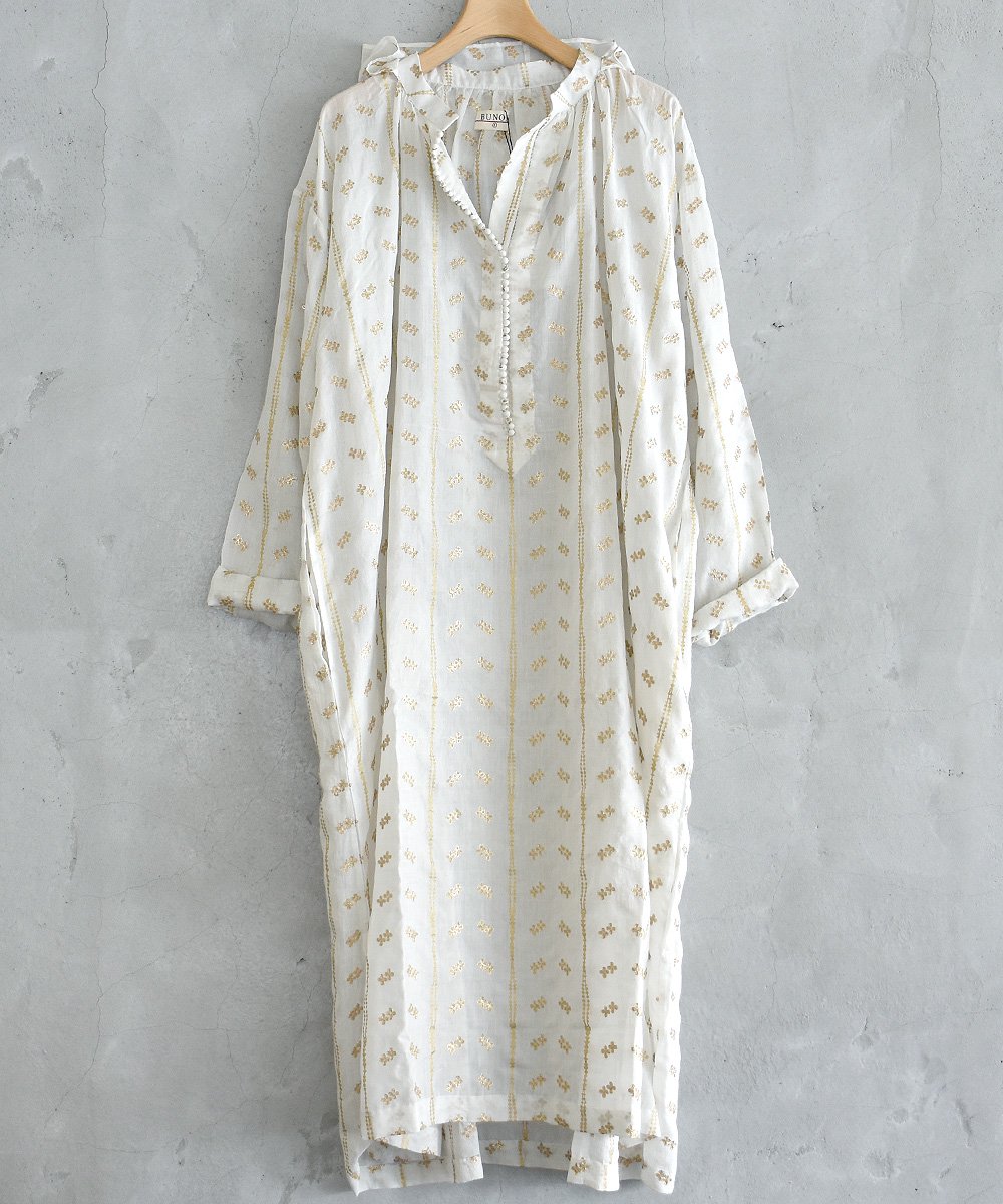Khadi Cotton Silk Hand Print&Embroidery Hood Gather Dress（ブライトホワイト）<img class='new_mark_img2' src='https://img.shop-pro.jp/img/new/icons1.gif' style='border:none;display:inline;margin:0px;padding:0px;width:auto;' />