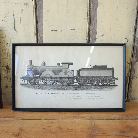 イギリス　ヴィンテージ　精密な手描きイラスト　機関車　額　フレーム　インダストリアルイラストレーション - drop antiques  ドロップアンティークス アンティーク家具と雑貨