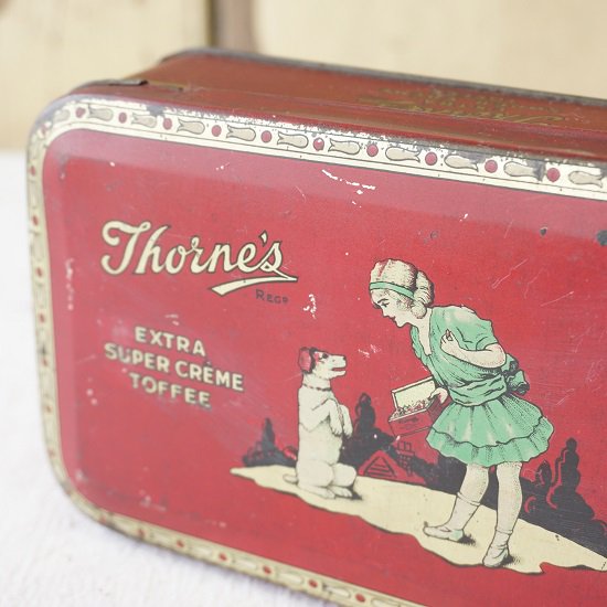 イギリス ヴィンテージ ブリキ缶 Thorne's Toffee 犬と女の子 人気缶 