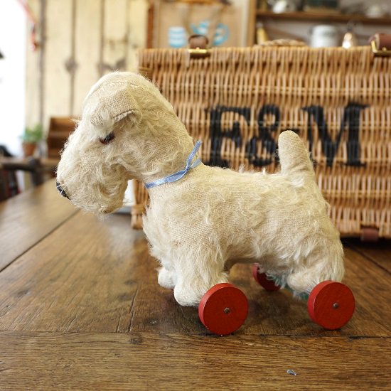 イギリス ヴィンテージ ぬいぐるみ テディベア 白いテリアのプルトイ 木製車輪 子犬 - drop antiques ドロップアンティークス  アンティーク家具と雑貨