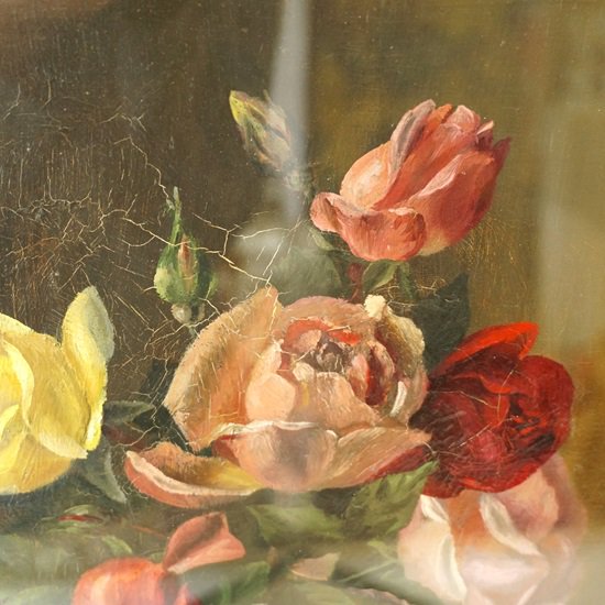 イギリス アンティーク 額 フレーム 油絵 「ROSES」 静物画 薔薇 バラ ５１×４６ - drop antiques ドロップアンティークス  アンティーク家具と雑貨