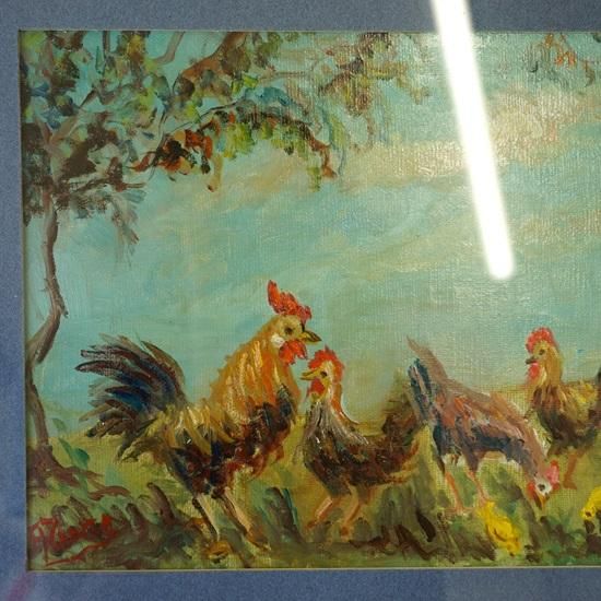 フランスアンティーク 古い鶏の絵画 油絵 装飾 額装 アンティークフレーム 壁掛 フランスアンティーク 古い鶏の絵画 油絵 装飾 額装
