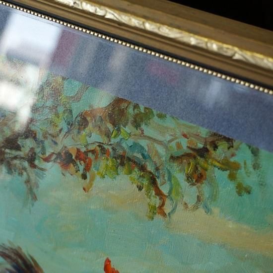 鶏の絵画 木製フレーム付き　アンティーク 額縁 アンティークフレーム イギリス 木製 木彫り 四角形 絵画
