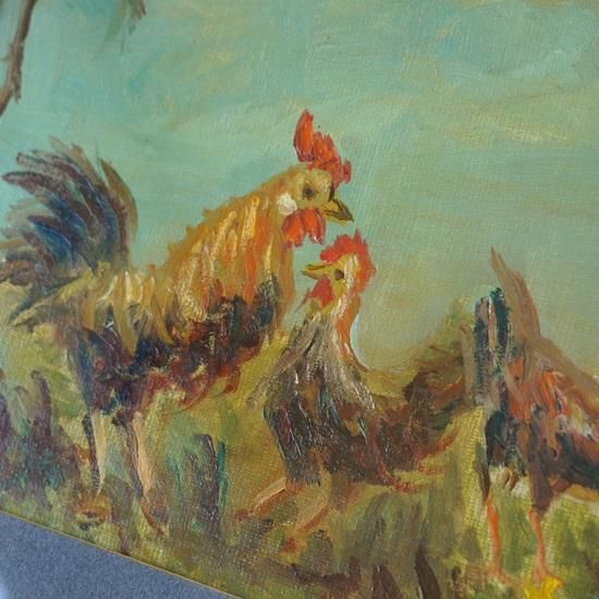 イギリス ヴィンテージ 額 木製フレーム 油絵 油彩画 ニワトリ