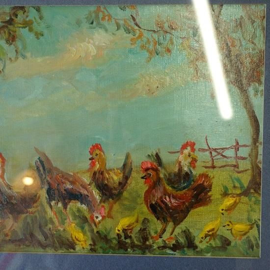 イギリス ヴィンテージ 額 木製フレーム 油絵 油彩画 ニワトリ