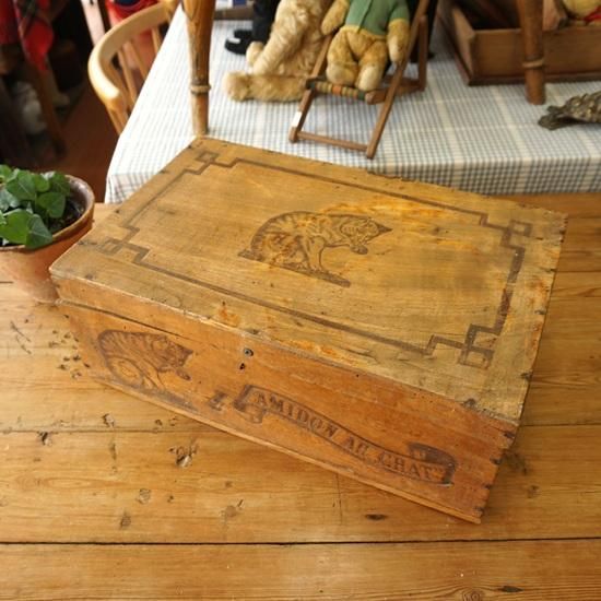 レア　フランスアンティーク　猫の木箱　AMIDON AU CHAT　古道具 フランス アンティーク ネコの木箱 AMIDON AU CHAT 希少