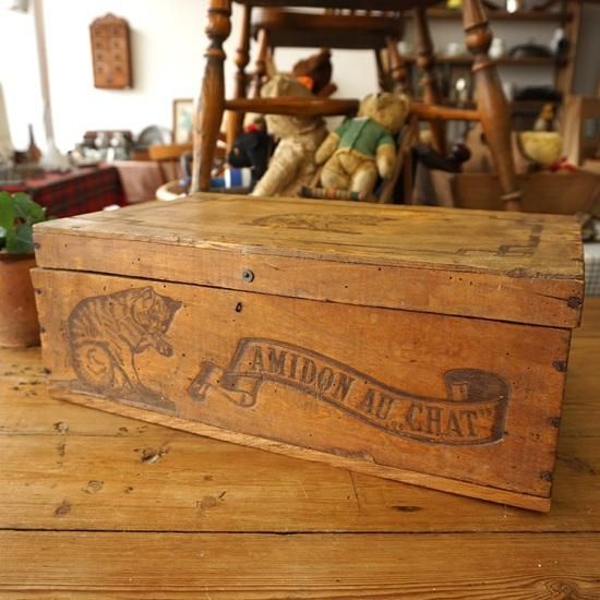 レア　フランスアンティーク　猫の木箱　AMIDON AU CHAT　古道具 フランス アンティーク ネコの木箱 AMIDON AU CHAT 蓋裏ラベル