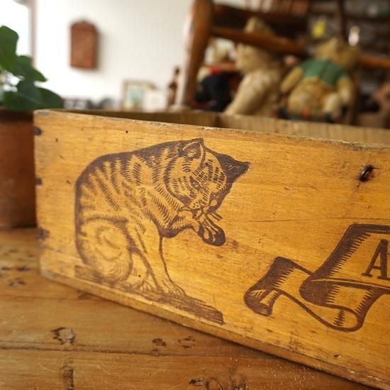 レア　フランスアンティーク　猫の木箱　AMIDON AU CHAT　古道具 フランス アンティーク ネコの木箱 AMIDON AU CHAT 希少
