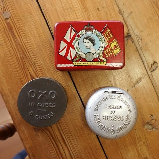 イギリス ヴィンテージ ブリキ缶 OXO缶 側面厚紙 希少 - drop antiques