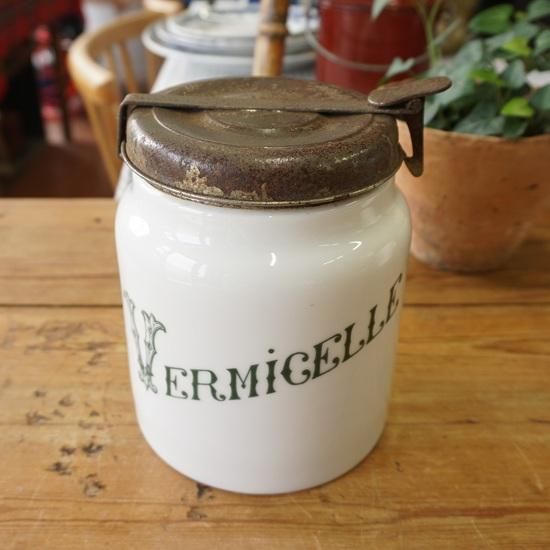 フランス アンティーク 陶器製のキャニスター 蓋付き VERMICELLE