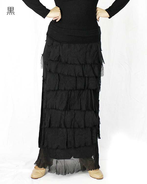 ウエスト70cmマンサニージャの黒系ファルダ フラメンコ衣装 - ロング