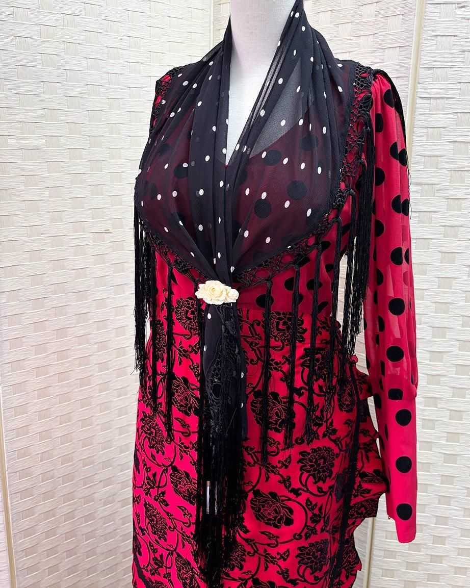 hpc304oskシージョ 黒ジョーゼット×白水玉 - フラメンコ衣装の