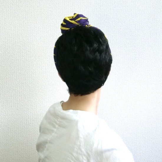 大きいサイズ アフリカンプリントのターバン 紫×黄色 - ヘアアクセサリー