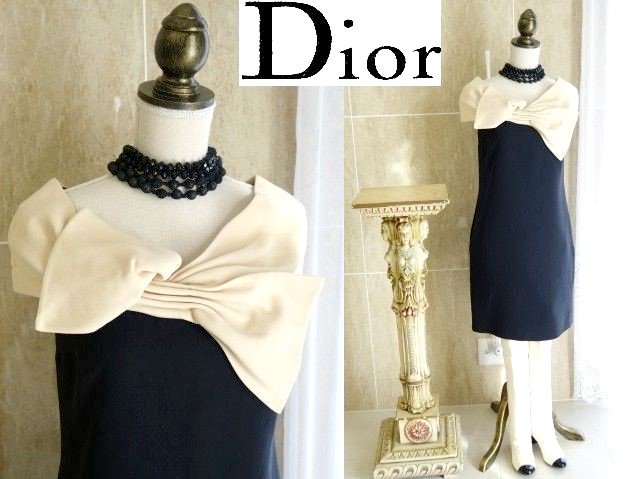 美品 【Dior】 クリスチャンディオール [40] 高級 ワンピース ノースリーブ 黒×ベージュ おリボン付 結婚式 2次会 - kiyorita