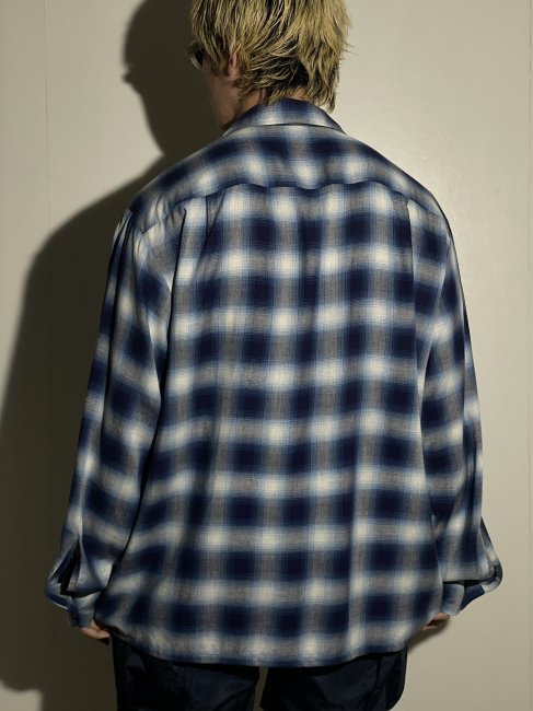 GENERAL Ombre Check Rayon/Linen Open Collar Shirt BLUE - Lemontea 