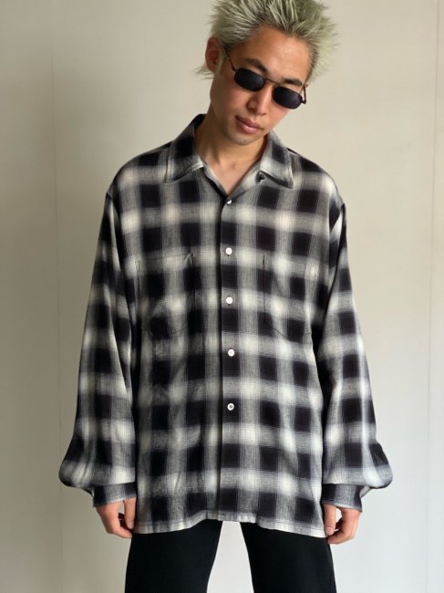 GENERAL Ombre Check Rayon/Linen Open Collar Shirt BLACK - Lemontea