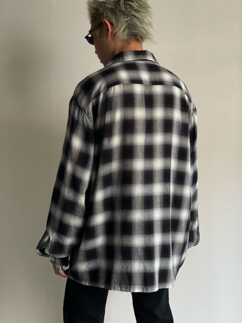 GENERAL Ombre Check Rayon/Linen Open Collar Shirt BLACK - Lemontea