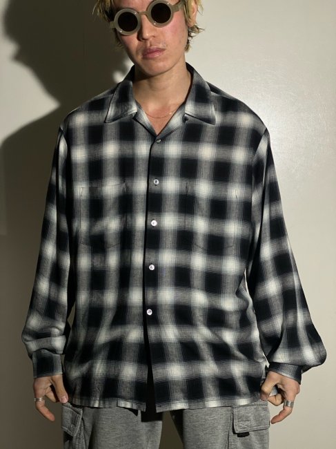 GENERAL Ombre Check Rayon/Linen Open Collar Shirt BLACK - Lemontea