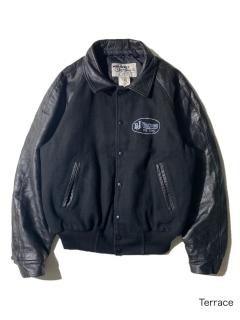 90's BJ TRAUCKING Melton/Leather Stadium Jacket BLACK MADE IN CANADA