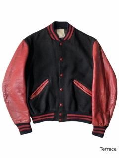 70s DeLONG MeltonLeather Stadium Jacket BLACK/RED