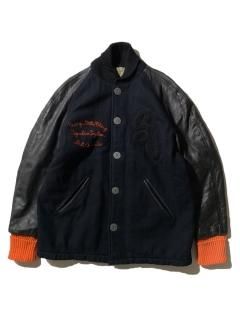 90's SPANISHCURVES MeltonLeather Button Stadium Jacket BLACK MADE IN U.S.A.