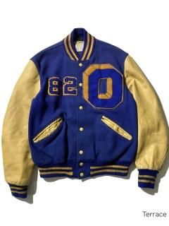 70s DeLONG MeltonLeather Stadium Jacket BLUE/IVORY
