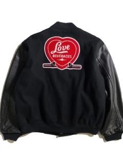 90's LOVE BEVERAGES MeltonLeather Stadium Jacket BLACK MADE IN U.S.A.