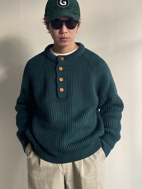 90's GREAT NORTHERN KNITTERS Henry-neck Wool Knit BILLIARD GREEN