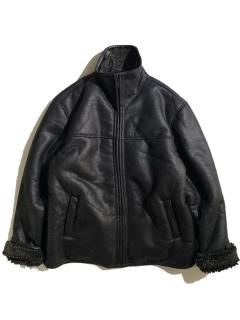 90's SERGIOBENINI Zip-Up High Neck Mouton Half Coat BLACK 2X