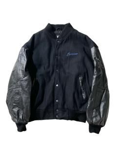 90's BURK'S BAY Melton/Leather Stadium Jacket BLACK