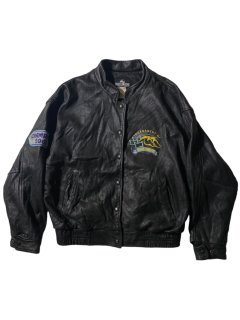 80's GRAND PRIX Leather Stadium Jacket BLACK MADE IN CANADA