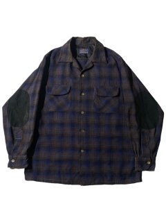 50's PENDLETON Elbow Patch Wool Check Open Collar Shirt