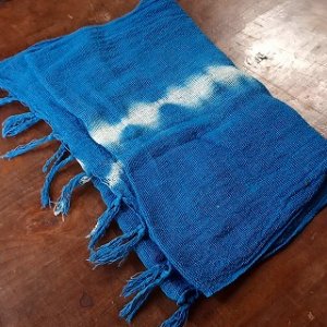 天然無化学インド藍染 手紡ぎ手織りのストール ヘンプコットン 210×45㎝-